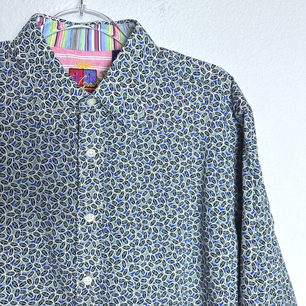 Robert Graham Mens Leaf Print Long Sleeve Contrast Trim Button Down Shirt Size L